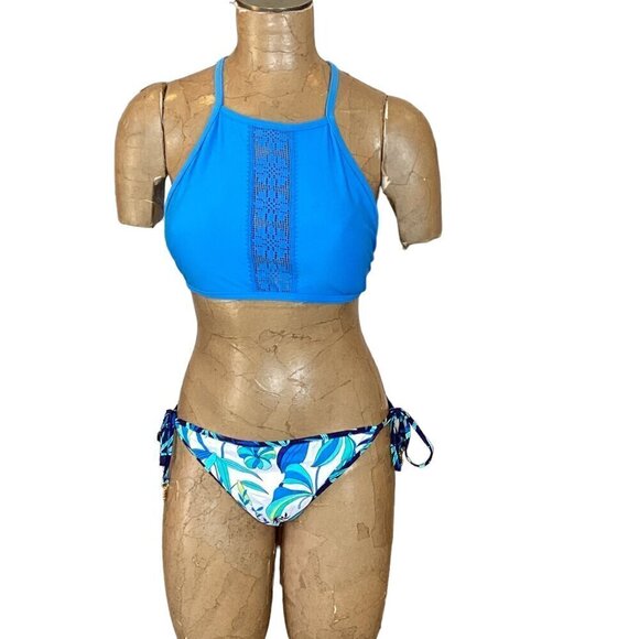 Aerie High Neck Halter Top L & Reversible String Bikini Bottom Blue White 291C - Picture 7 of 13